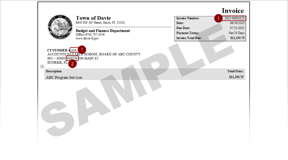 Sample Davie invoice bill with the customer number, invoice number, and last name highlighted